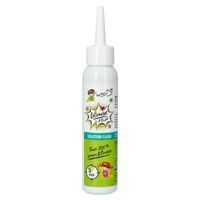 Flacon blanc avec applicateur. Inscription : Lilouse Flash, Solution Flash, Tue 100% poux & lentes. 5 min.