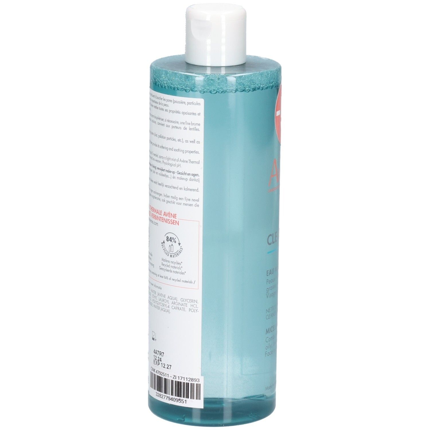 Dos d'eau micellaire Avène Cleanance avec ingrédients et labels.
