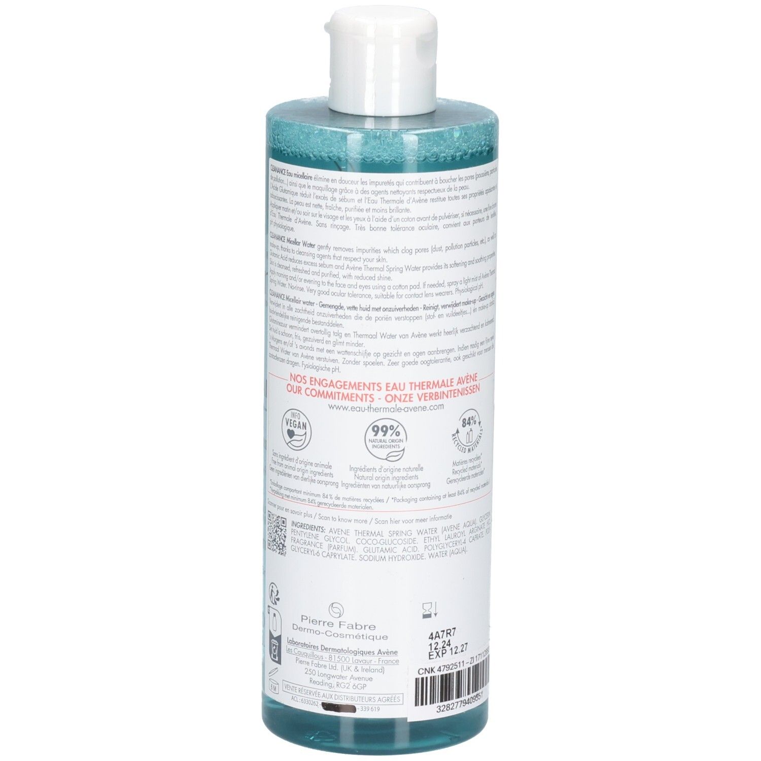 Dos d'eau micellaire Avène Cleanance avec labels et code-barres.