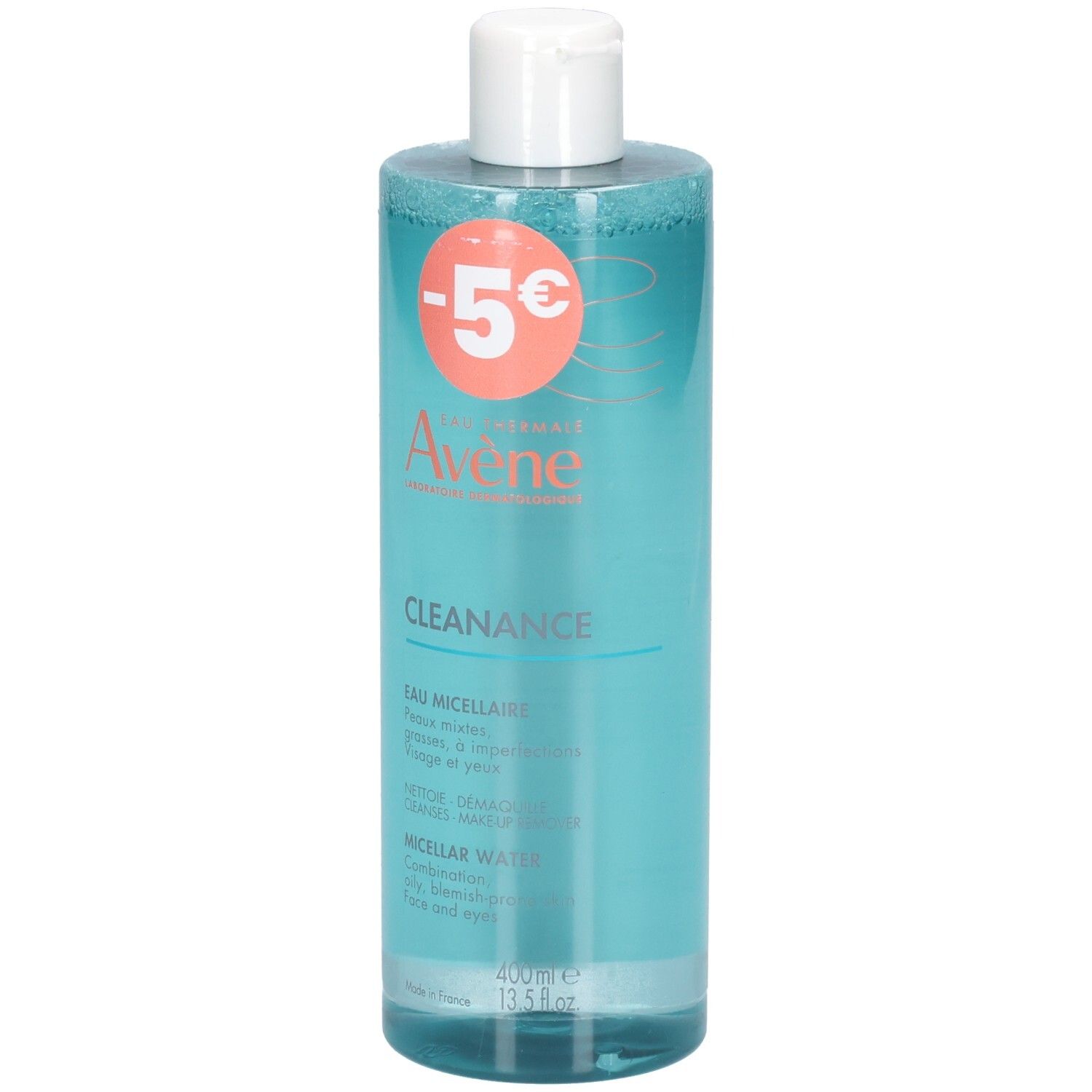 Eau micellaire Avène Cleanance avec autocollant promotionnel, vue de face.