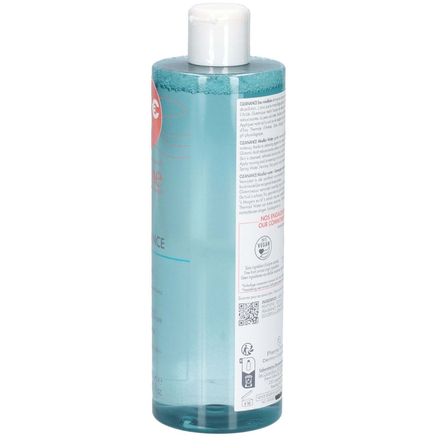 Côté d'eau micellaire Avène Cleanance avec labels.