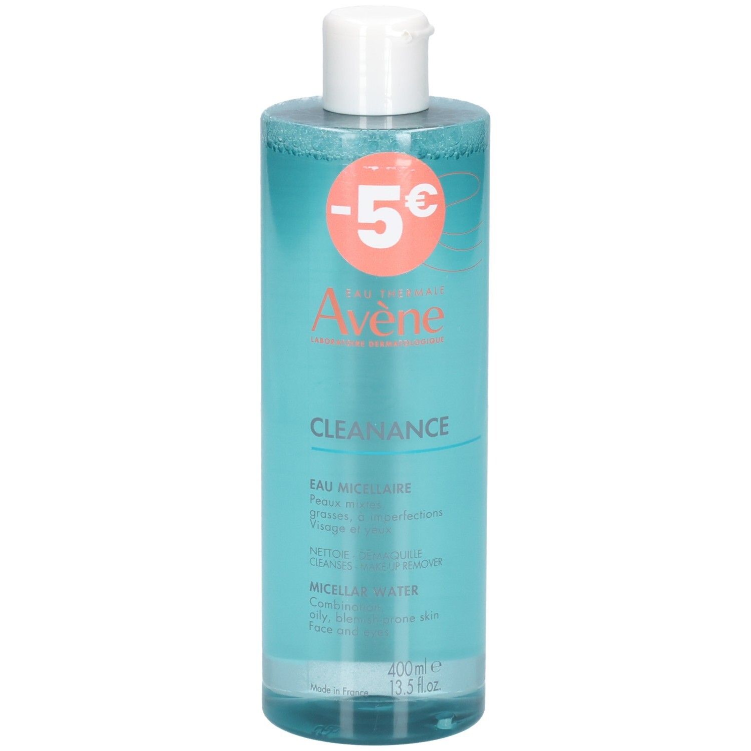 Eau micellaire Avène Cleanance avec autocollant promotionnel, vue légèrement inclinée.