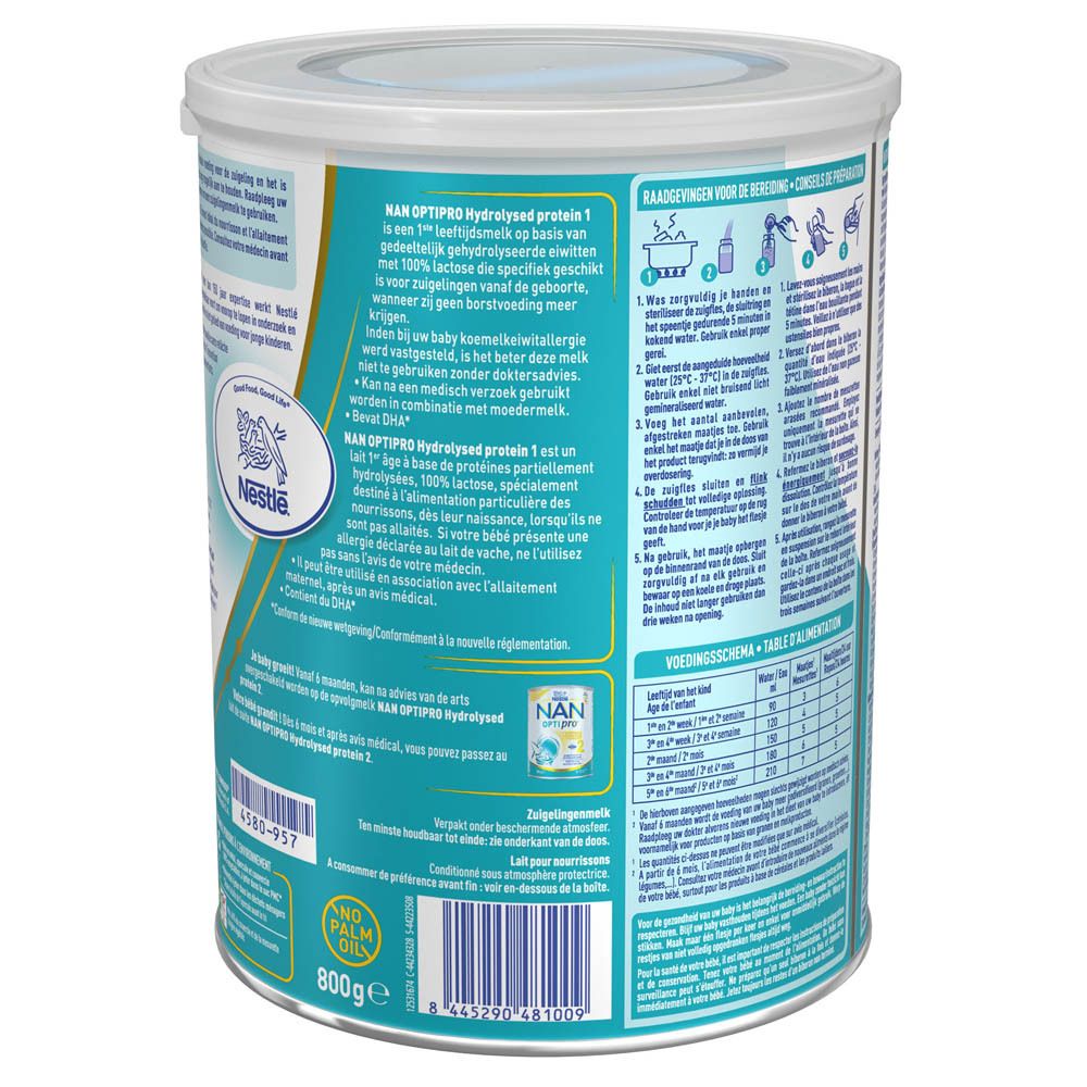 Achterkant van het blik NAN Optipro 1. Tekst over gebruik en ingrediënten van het product.