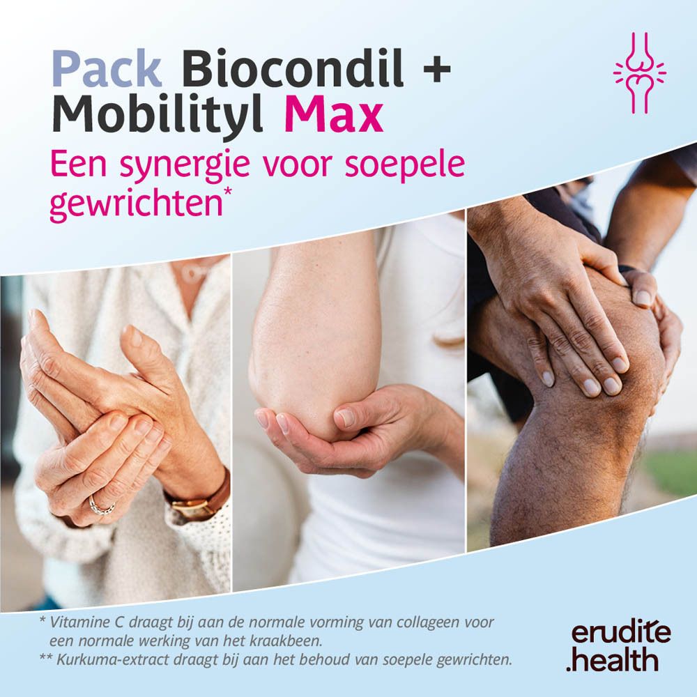Verpakking van Biocondil + Mobilityl Max Pack. Toont een vrouw die op een balletstang zit en yoga doet.