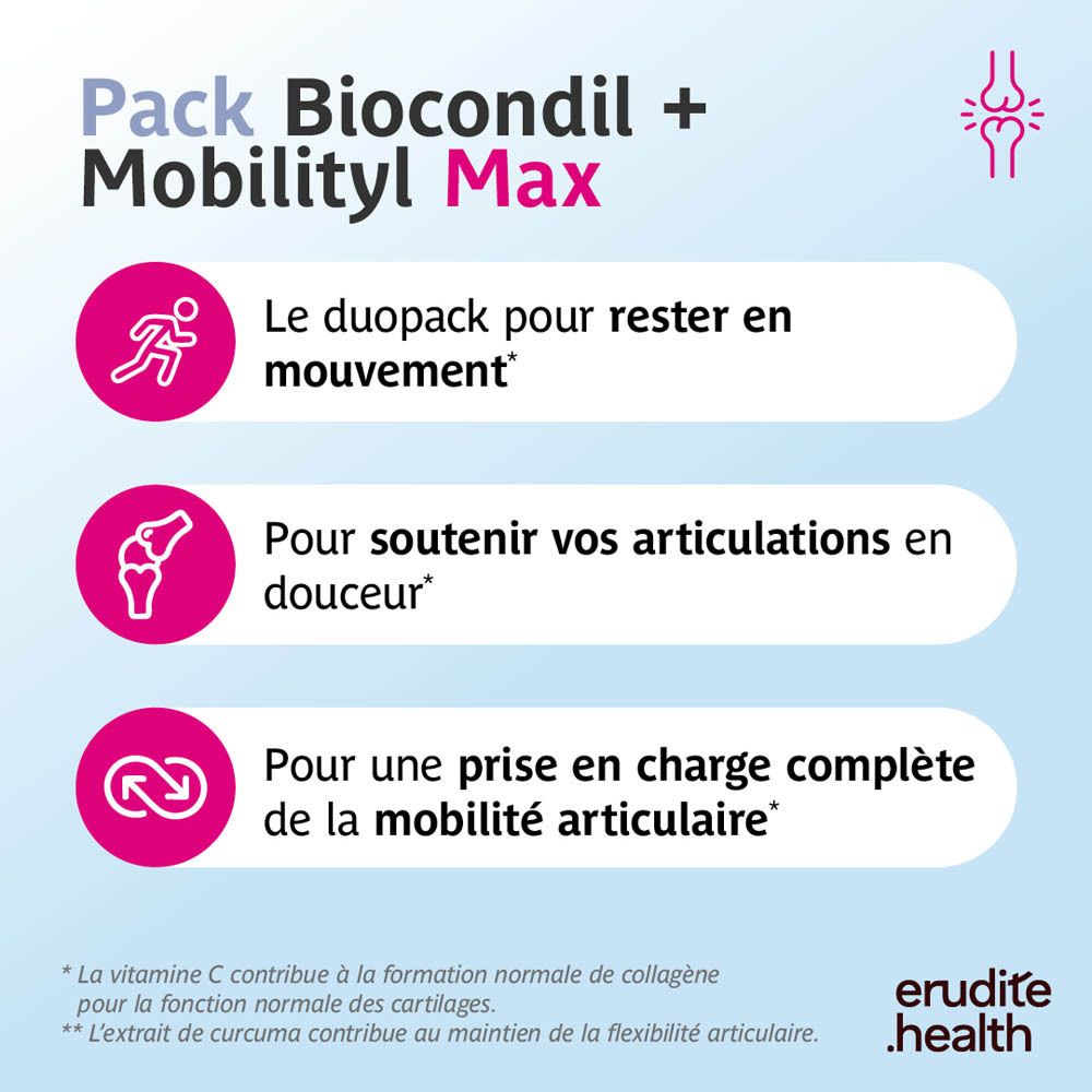 Ingrédients de Biocondil + Mobilityl Max Pack : Glucosamine, Curcuma longa, Boswellia serrata, Piper nigrum, Kaempferia galanga, Chondroïtine, Vitamine C.