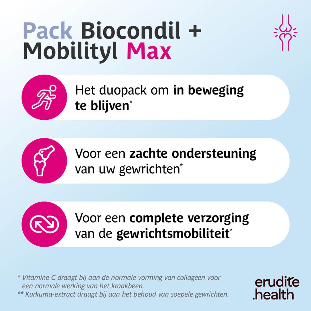 Ingrediënten van Biocondil + Mobilityl Max Pack: Glucosamine, Curcuma longa, Boswellia serrata, Piper nigrum, Kaempferia galanga, Chondroïtine, Vitamine C.