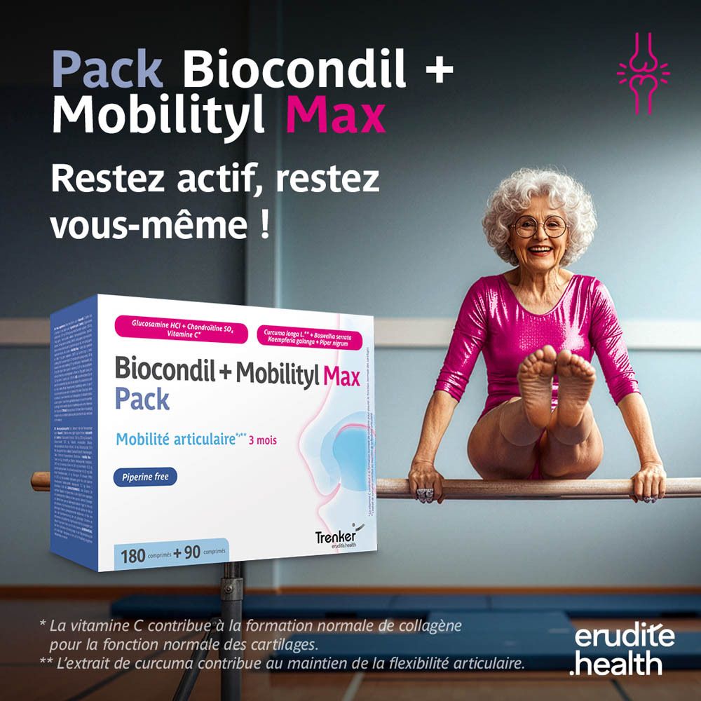 Biocondil + Mobilityl Max Pack : Efficacité prouvée pour une mobilité articulaire améliorée. Contient 2 comprimés ou 1 sachet par jour.