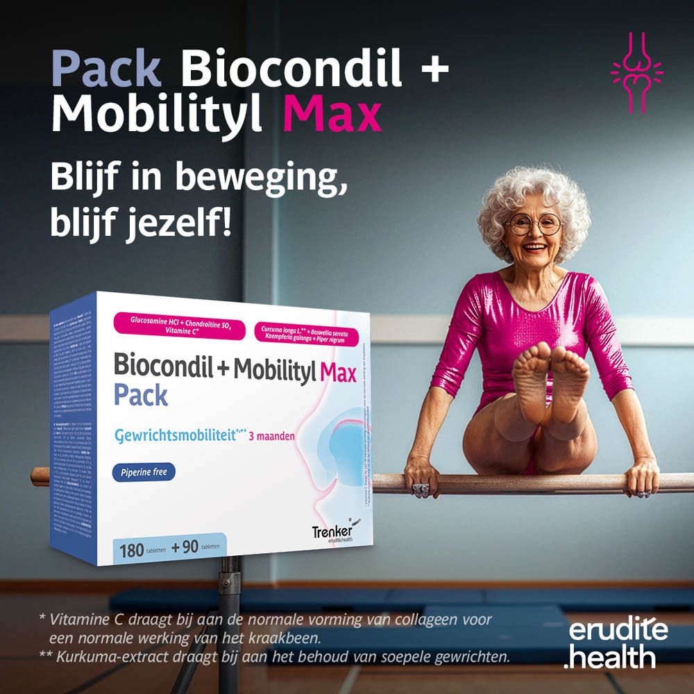 Biocondil + Mobilityl Max Pack: Bewezen effectiviteit voor verbeterde gewrichtsmobiliteit. Bevat 2 tabletten of 1 zakje per dag.