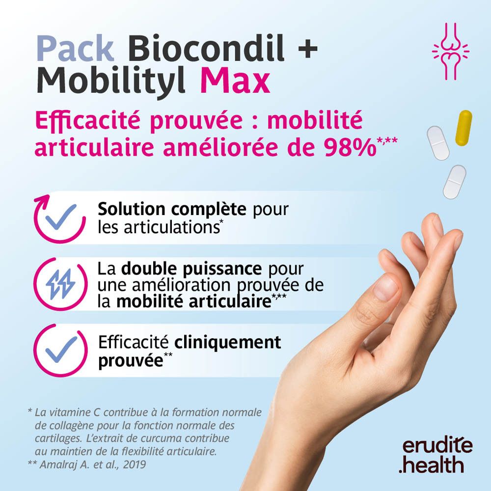 Biocondil + Mobilityl Max Pack : Une gamme complète de produits. Montre différentes tailles d'emballage de Biocondil et Mobilityl Max.