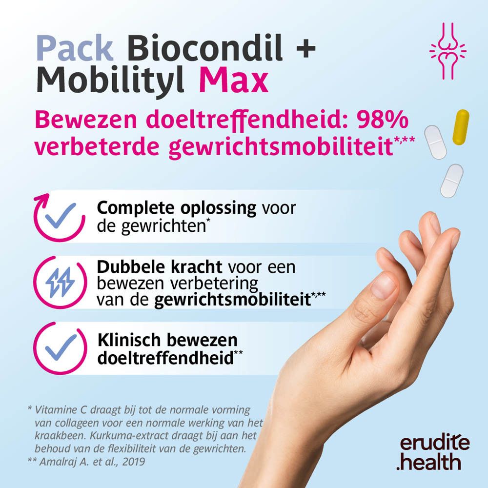 Biocondil + Mobilityl Max Pack: Een compleet assortiment producten. Toont verschillende verpakkingsgroottes van Biocondil en Mobilityl Max.