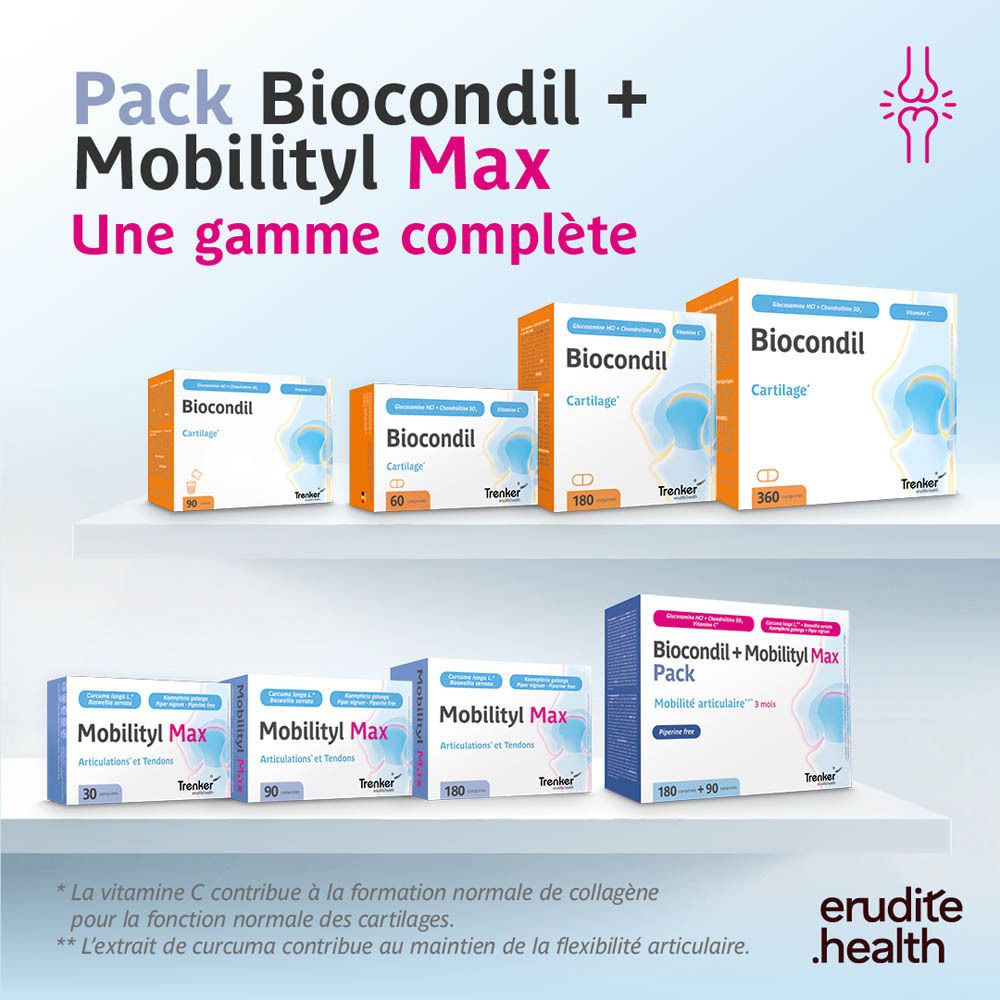 Biocondil + Mobilityl Max Pack : Une synergie pour des articulations souples. Montre des mains, des coudes et des genoux.