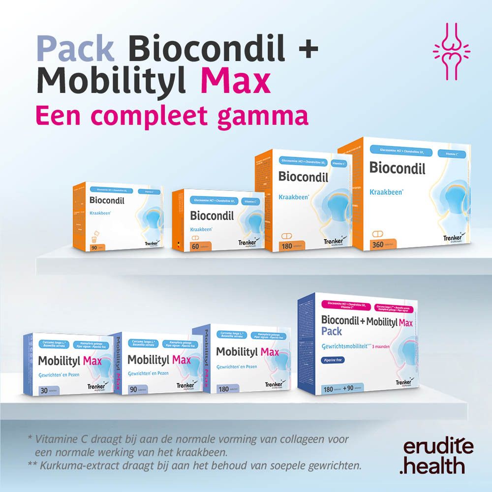 Biocondil + Mobilityl Max Pack: Een synergie voor soepele gewrichten. Toont handen, ellebogen en knieën.