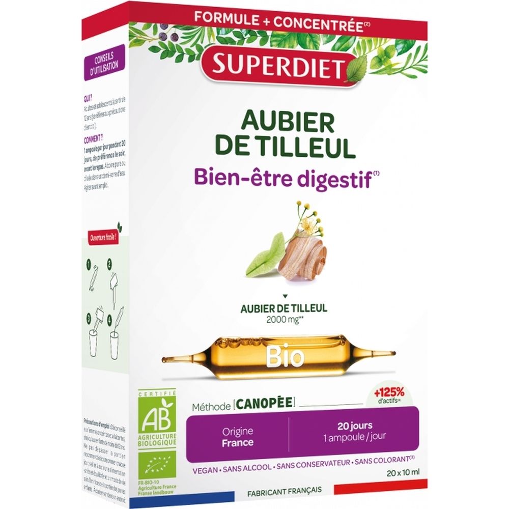 Boîte de SUPERDIET Aubier de Tilleul, 2000 mg, Bio. Contient 20 ampoules. Certifié AB. Ingrédients et informations nutritionnelles.
