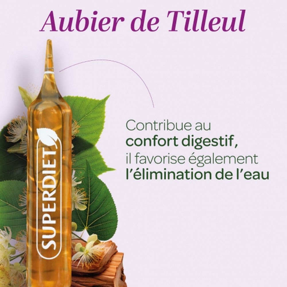 Ampoule de SUPERDIET. Texte: Contribue au confort digestif, il favorise également l'élimination de l'eau.