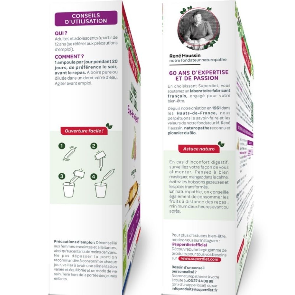 Côtés de la boîte. Conseils d'utilisation et informations sur le fabricant. QR code et coordonnées.