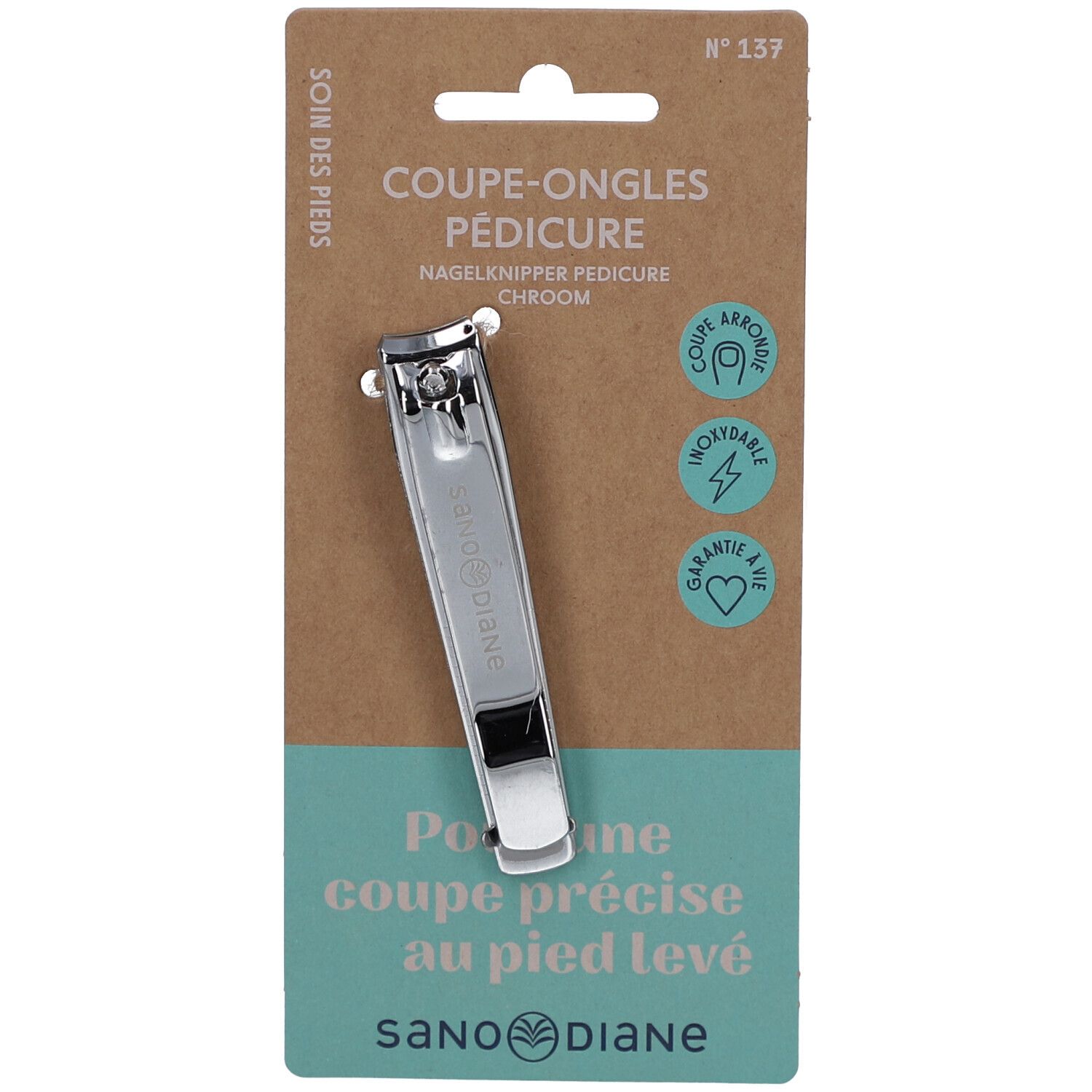 Verchroomde pedicure nagelknipper op karton. Merk Sanodiane. Tekst: Coupe-ongles pédicure, soin des pieds.