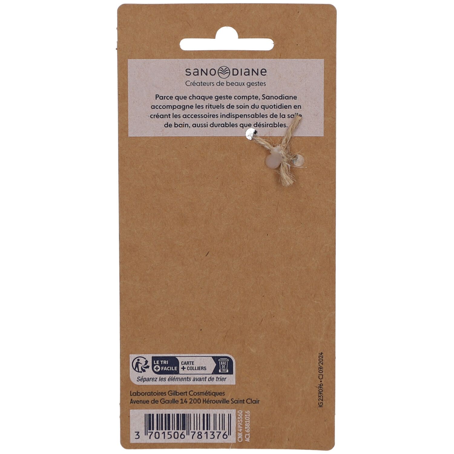 Achterkant van de productverpakking. Tekst: Sanodiane, Créateurs de beaux gestes. Informatie en barcode.