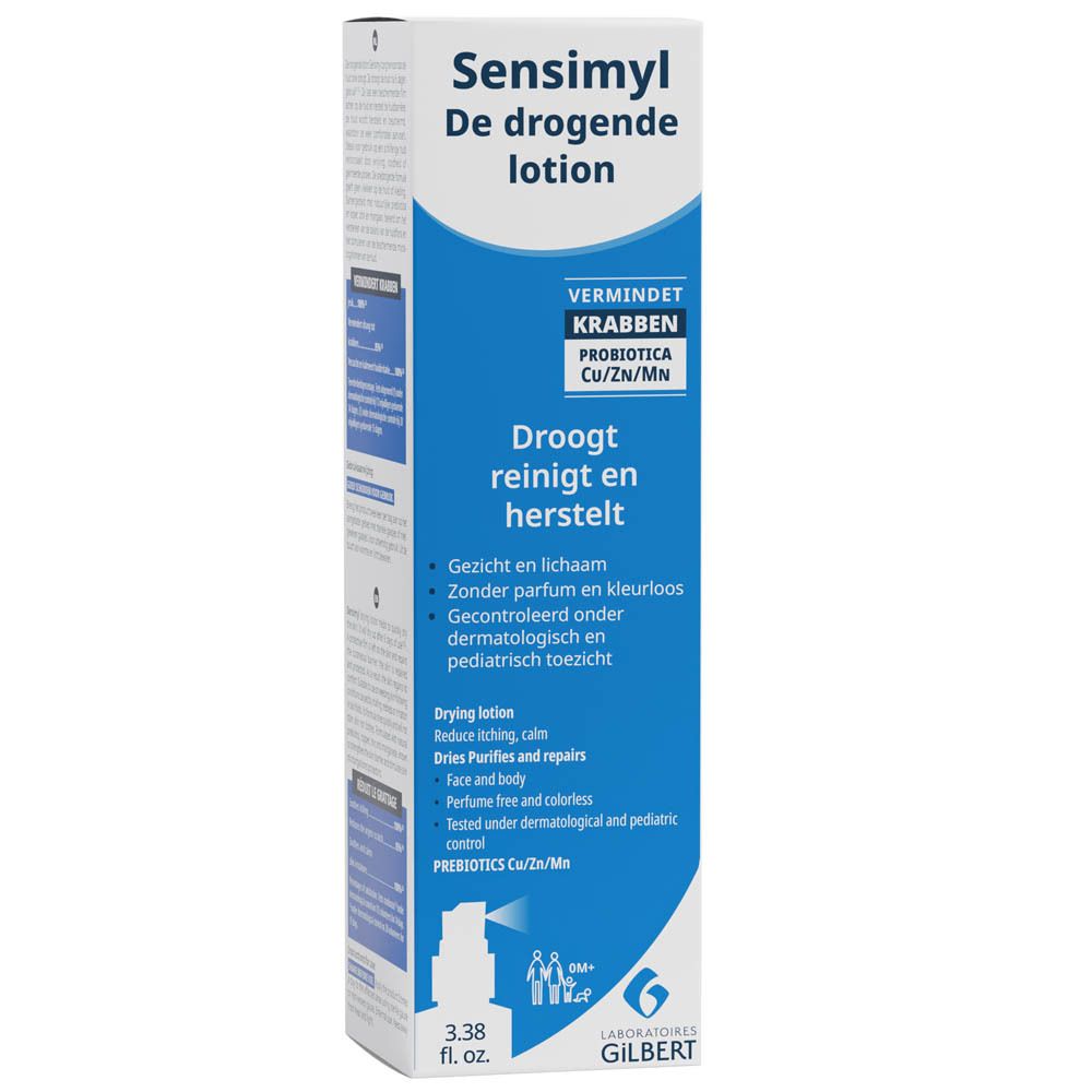 Verpakking met product Sensimyl De drogende lotion. Blauwe en witte etikettering. Logo: Gilbert.