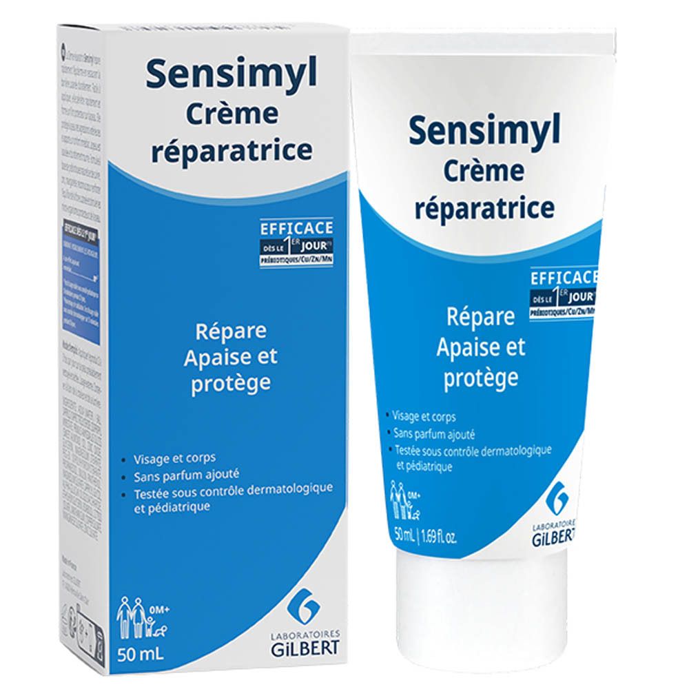 Emballage et tube de crème Sensimyl. Les deux montrent le produit et la marque. Bleu et blanc. 50 ml.