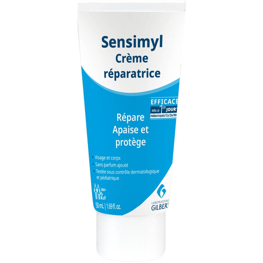 Tube de crème Sensimyl. Bleu et blanc. Texte: Crème réparatrice, Répare Apaise et protège. 1.69 fl. oz.