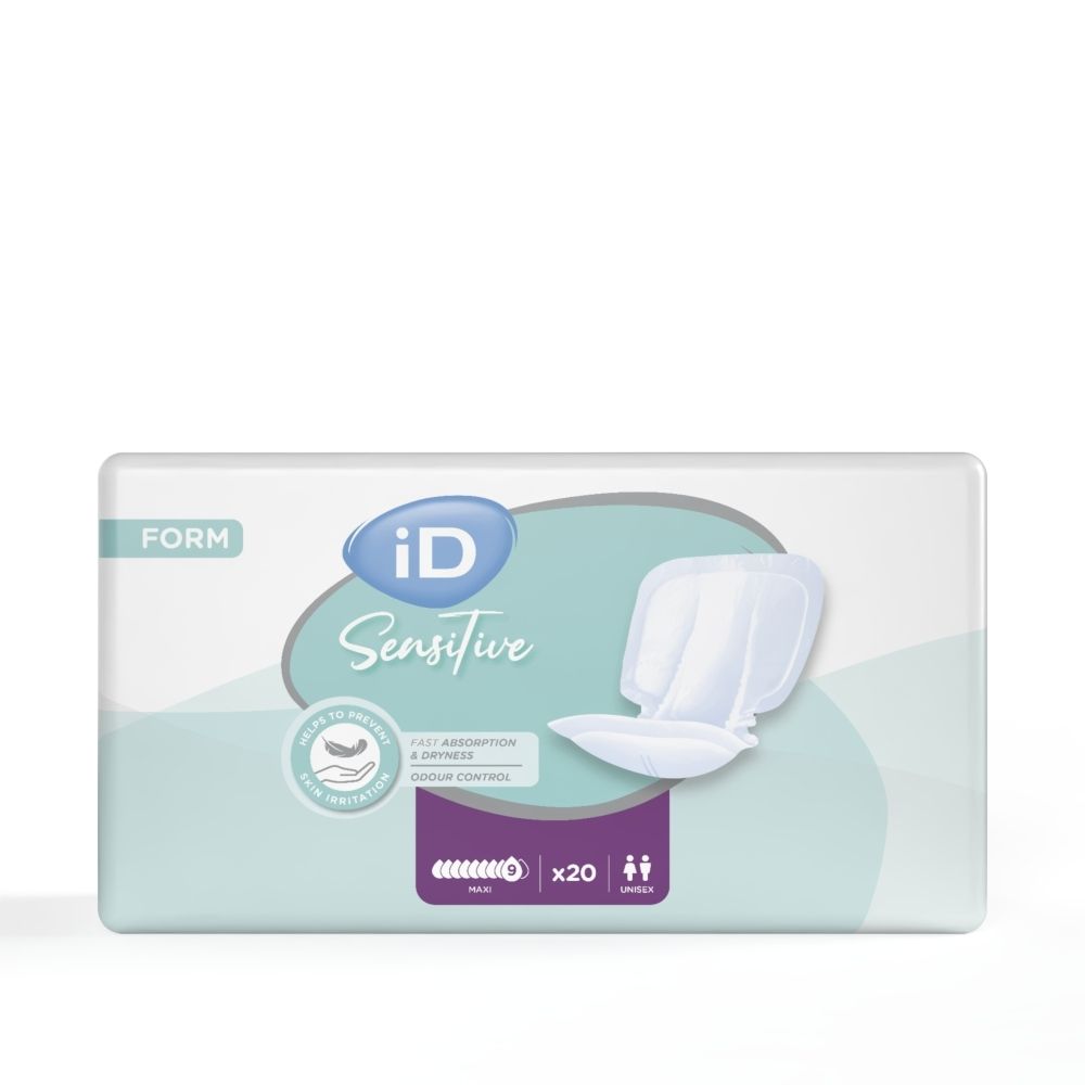 Verpakking met 20 iD Sensitive Form Maxi inlegkruisjes, voor snelle absorptie en geurcontrole.