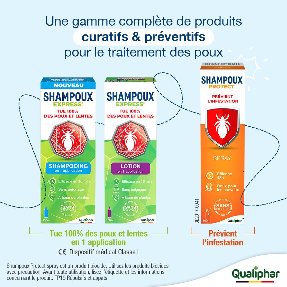Trois emballages de produits : shampooing, lotion et spray. Texte : Traite et prévient les poux.