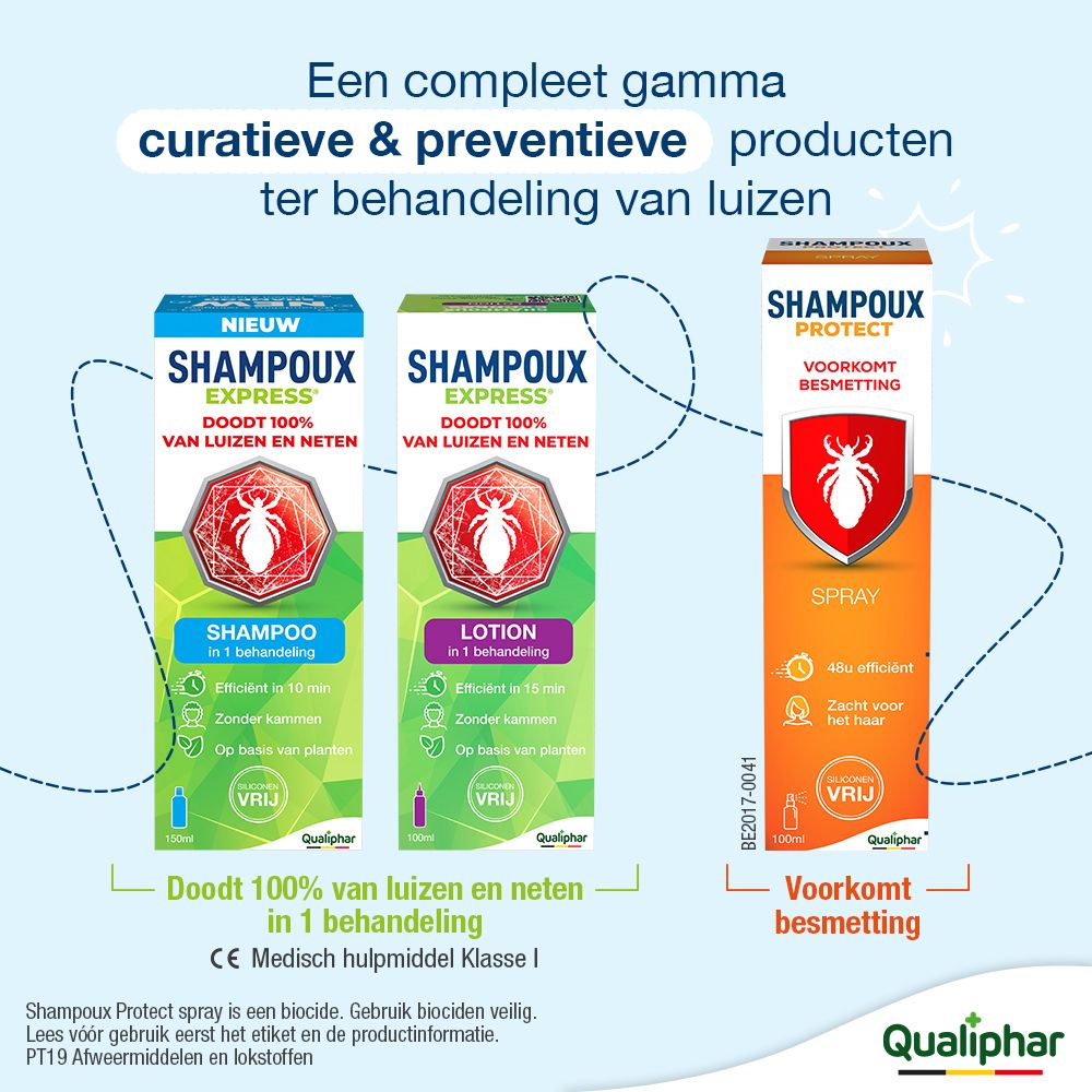 Drie productverpakkingen: shampoo, lotion en spray. Tekst: Behandelt en voorkomt luizen.