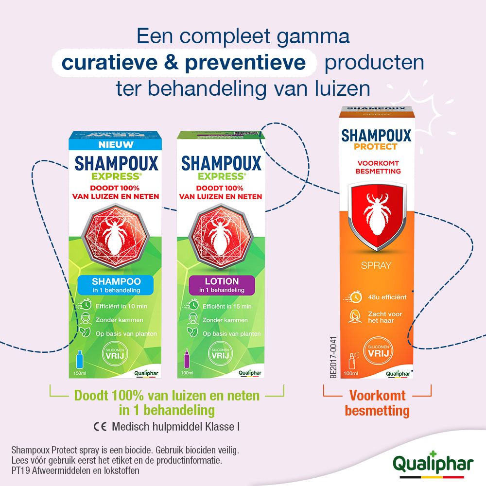 Doos Shampoux Express Lotion. Opschrift: Doodt 100% van luizen en neten. Lotion in 1 behandeling. Groen, wit en roze design.