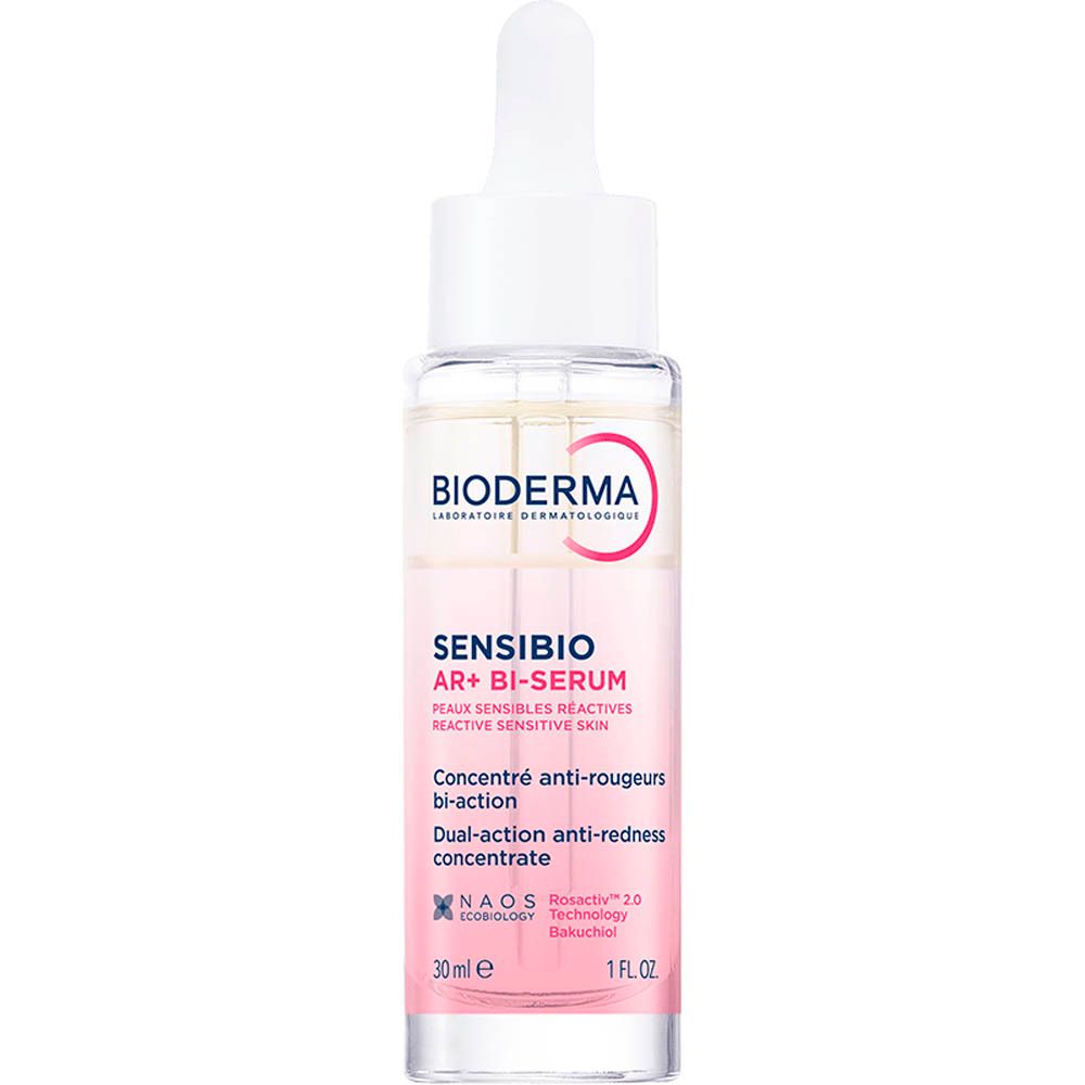 Flacon de Bioderma Sensibio AR+ Bi-Sérum avec pipette. Sérum rose et blanc. Inscription Sensibio AR+ Bi-Sérum.