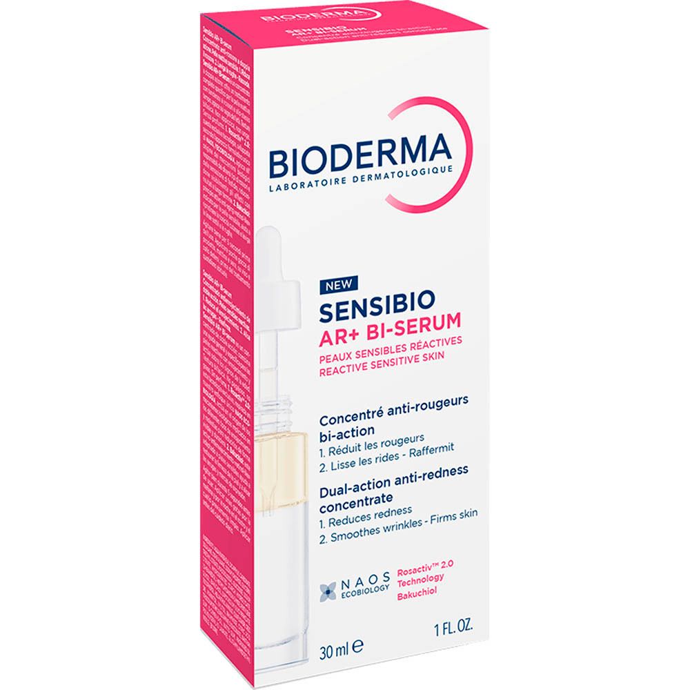 Flacon de Bioderma Sensibio AR+ Bi-Sérum avec pipette. Sérum rose et blanc. Dos avec texte.