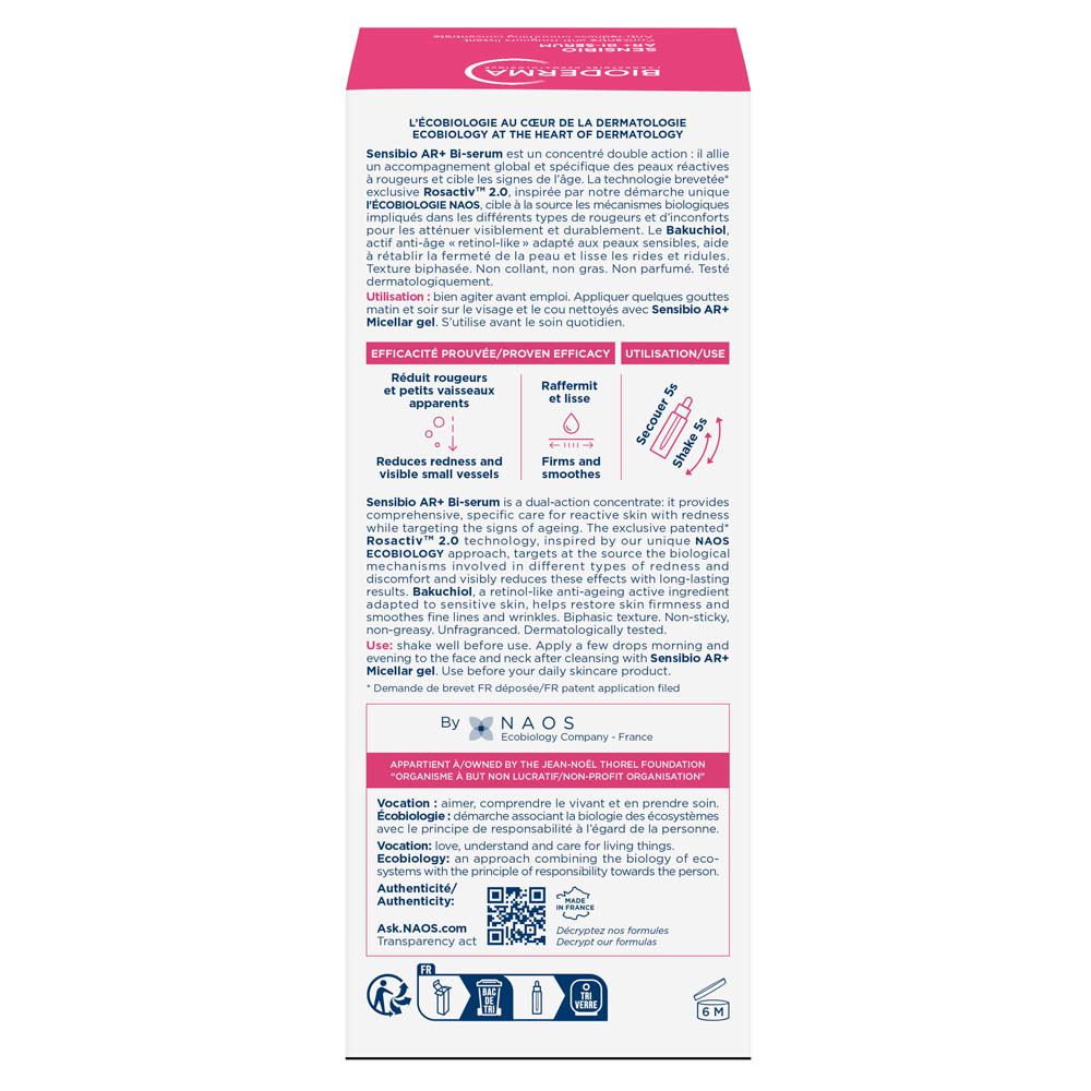 Flacon de Bioderma Sensibio AR+ Bi-Sérum avec pipette. Sérum rose et blanc. Inscription Sensibio AR+ Bi-Sérum.