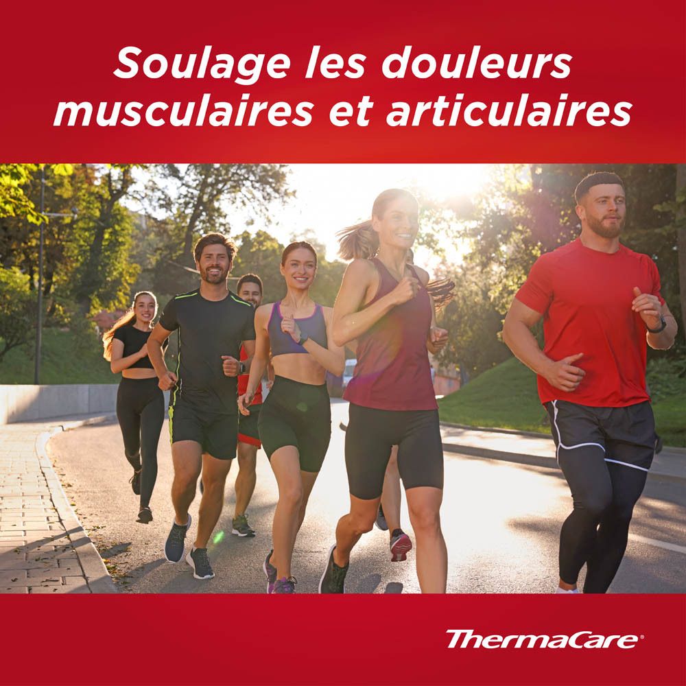 Groupe de coureurs en extérieur. Texte : Soulage les douleurs musculaires et articulaires.