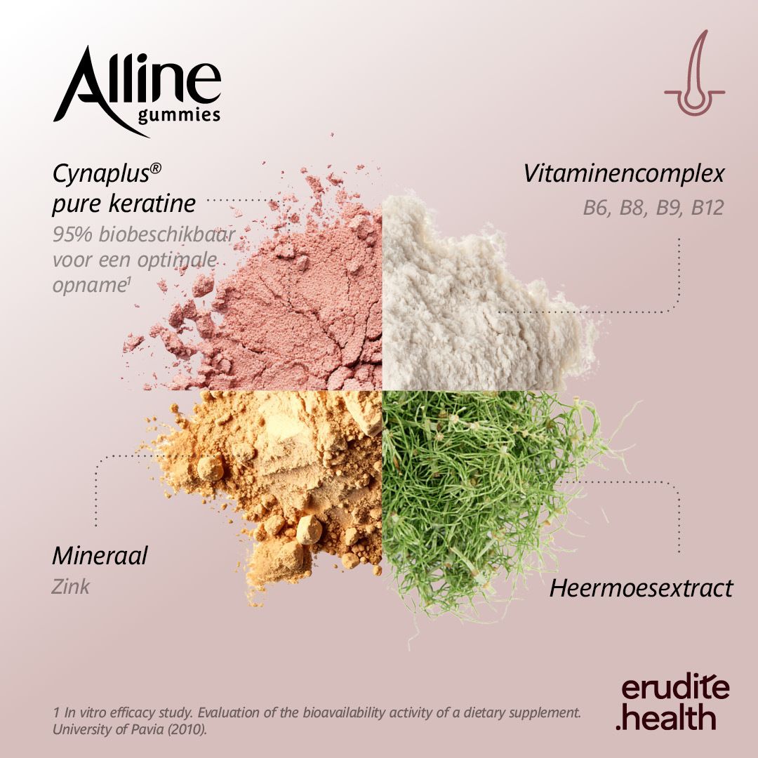 Fles Alline Gummies Pure Keratin, suikervrij, met 60 gummies.