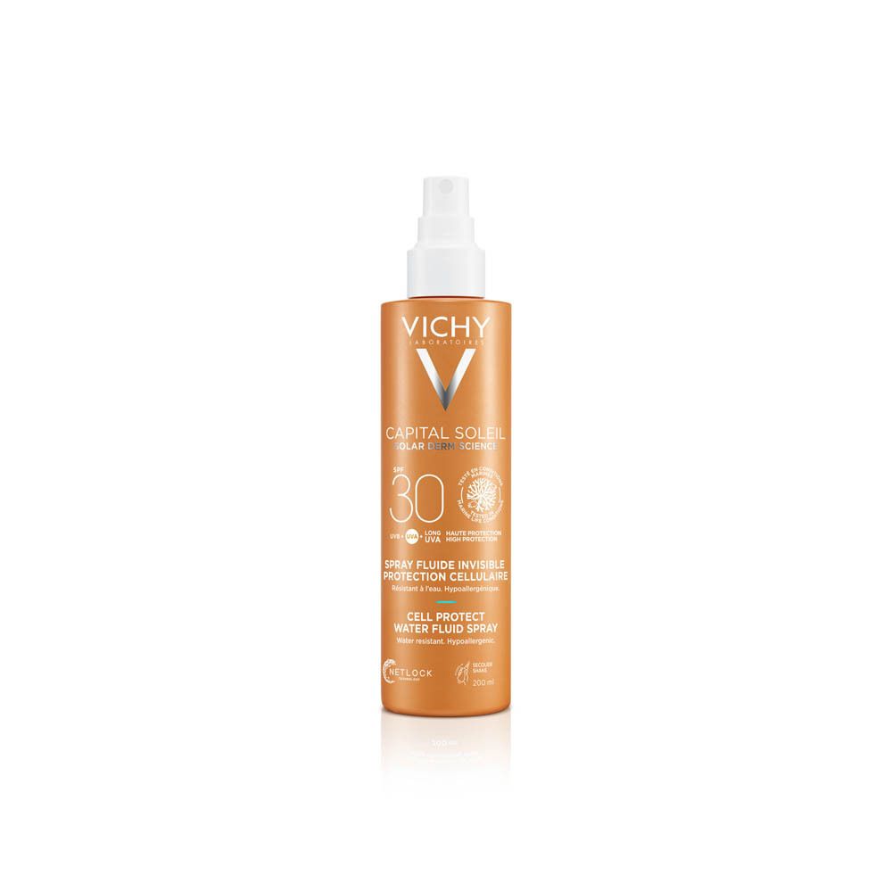 Vichy Capital Soleil Spray Solaire SPF 30, flacon orange avec pompe blanche.