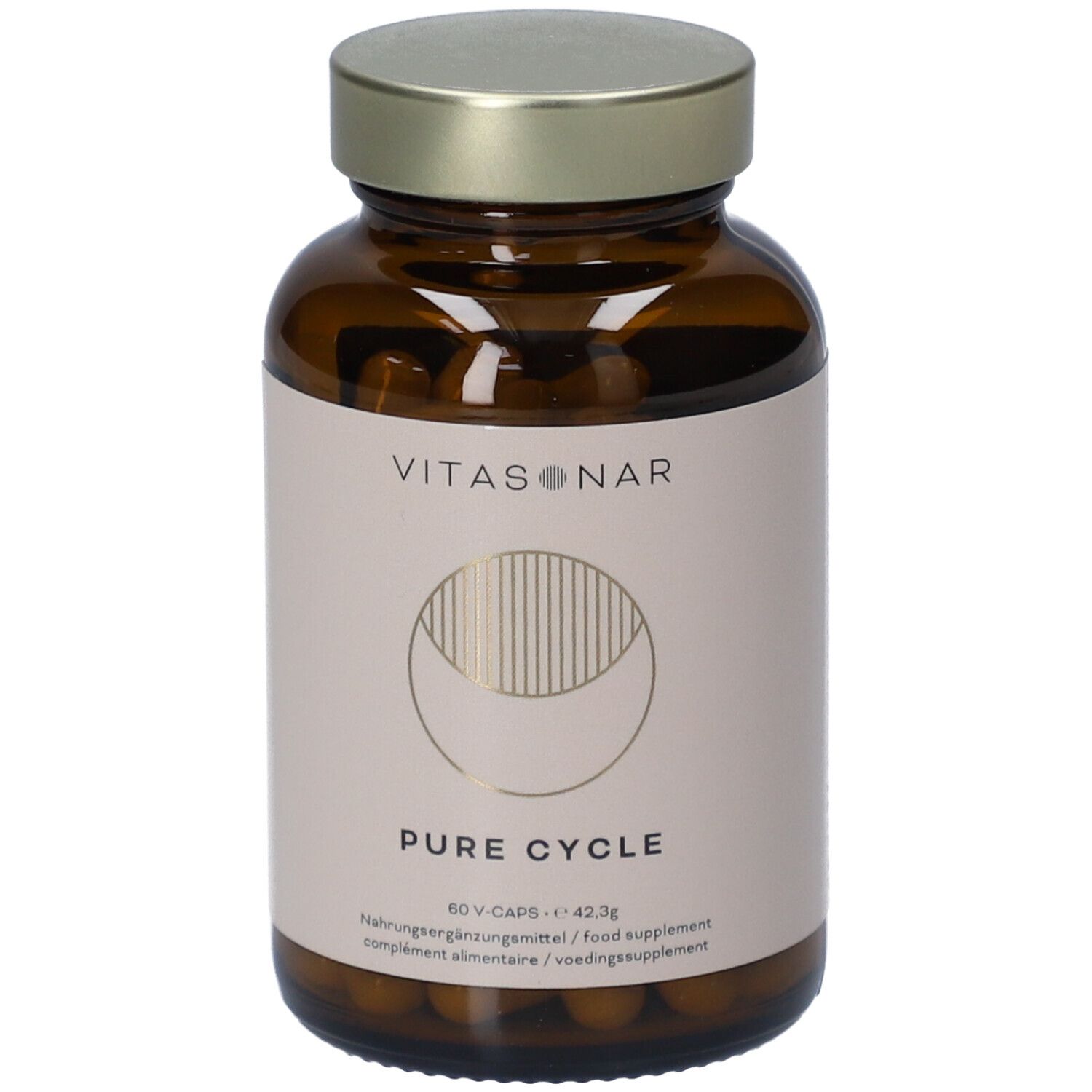 Flacon en verre brun avec bouchon doré. Étiquette avec nom du produit et logo.