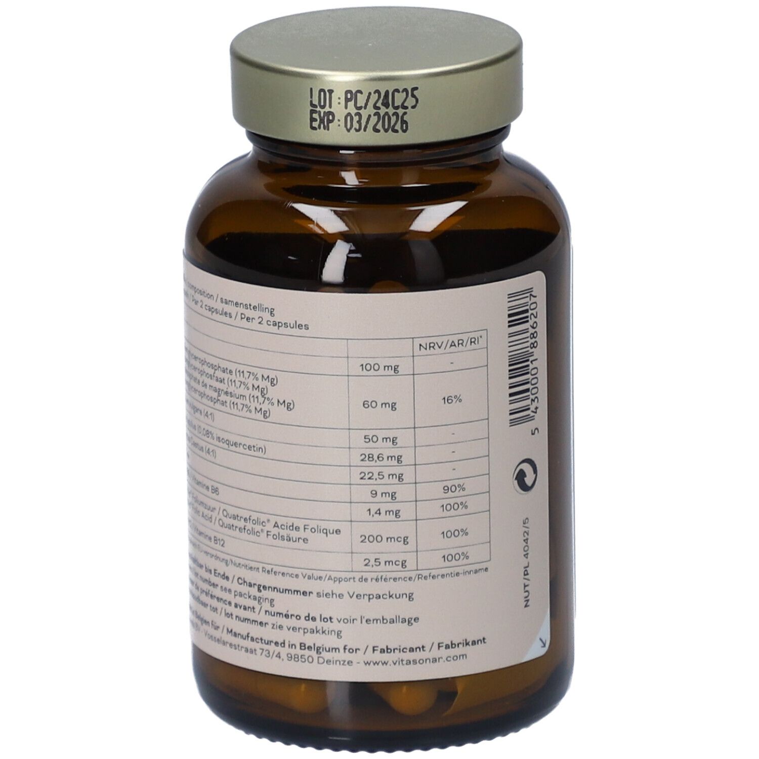 Flacon en verre brun avec étiquette. Informations sur les ingrédients et la durabilité.