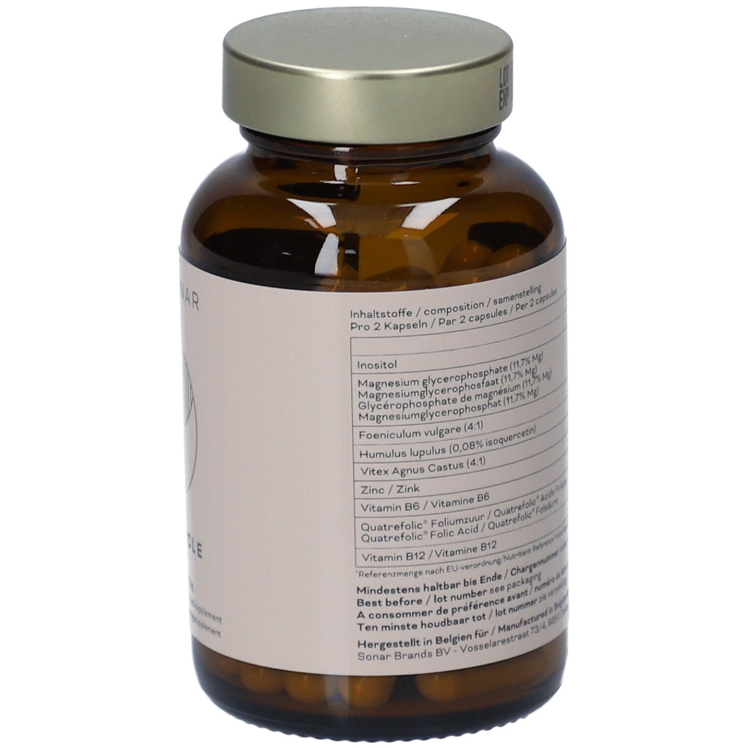 Flacon en verre brun avec étiquette. Liste des ingrédients par portion.