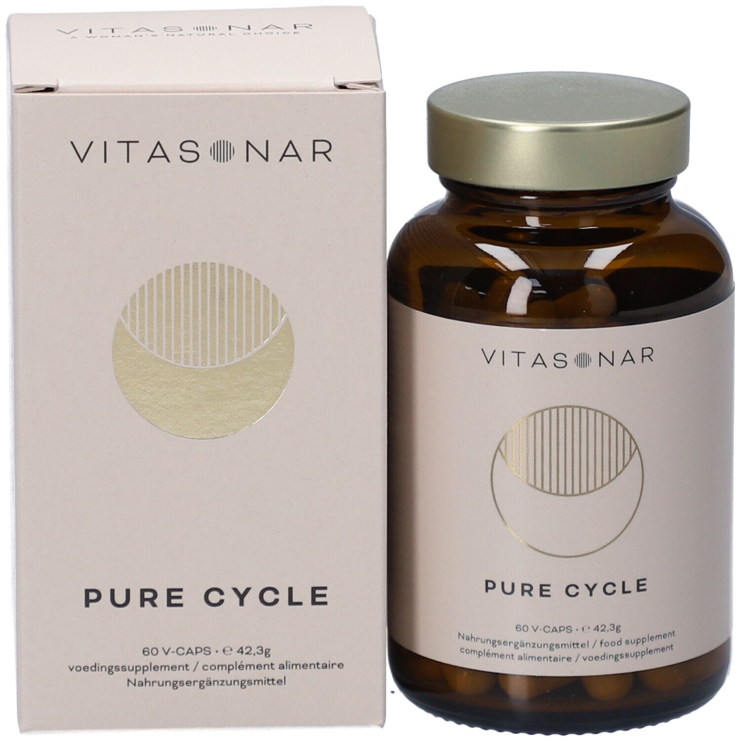 Emballage du produit avec flacon et boîte. Flacon avec étiquette, boîte avec logo.