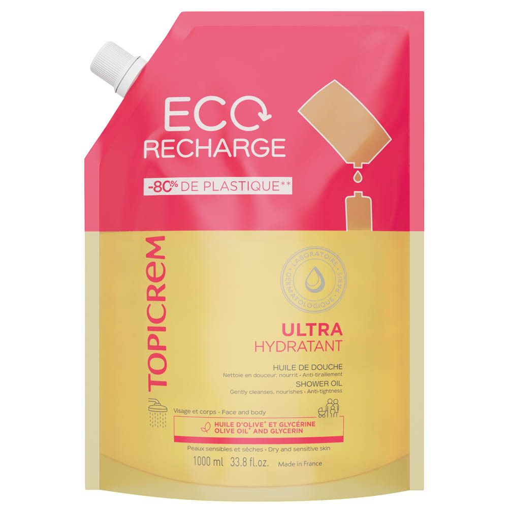TOPICREM doucheolie navulzak, 1000ml, met tuit en tekst 'Eco Recharge'.