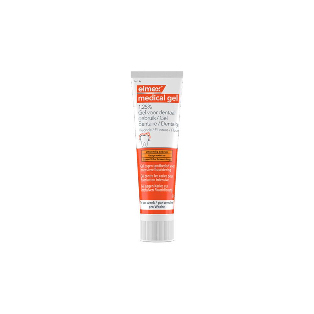 Tube de gel dentaire Elmex Medical Gel 1,25%. Tube blanc et rouge avec nom et informations.