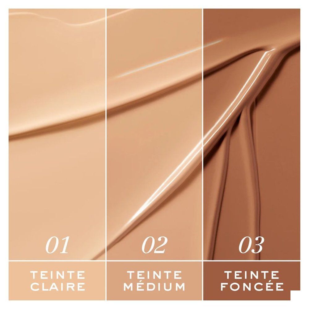 Nuxe BB Cream kleurenpalet: Licht 01, Medium 02, Donker 03.