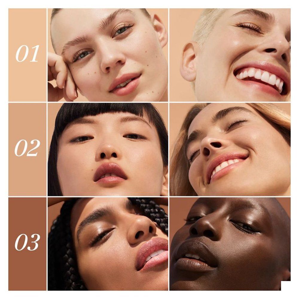 Huidtypen met Nuxe BB Cream: Licht 01, Medium 02, Donker 03.