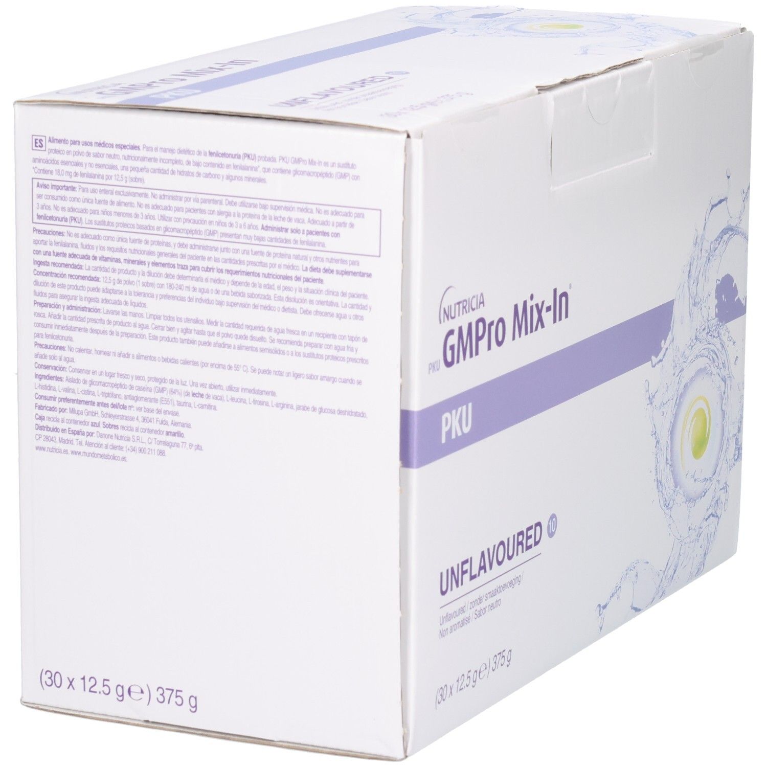 Boîte Nutricia GMPro Mix-In PKU, arrière avec informations, 30x12,5g.