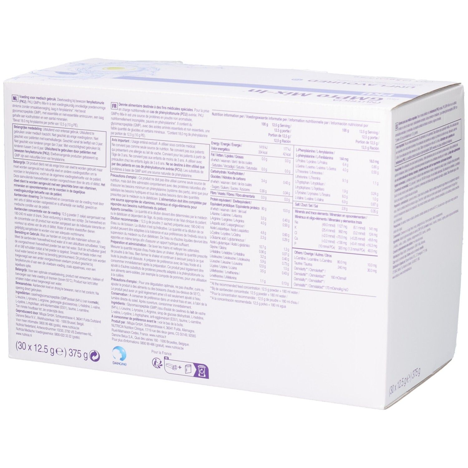 Boîte Nutricia GMPro Mix-In PKU, côté avec informations nutritionnelles, 30x12,5g.