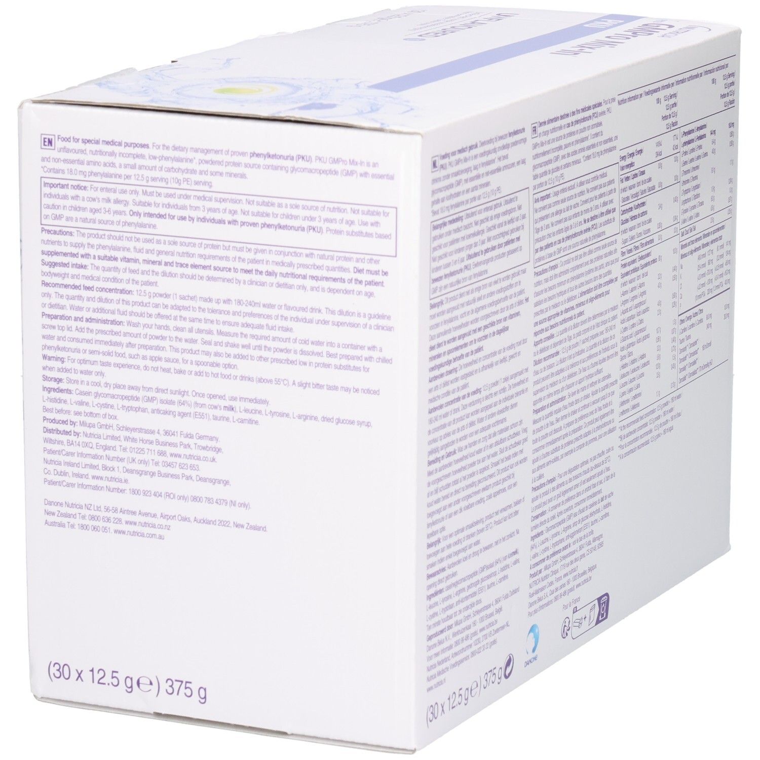 Boîte Nutricia GMPro Mix-In PKU, côté avec instructions d'utilisation, 30x12,5g.