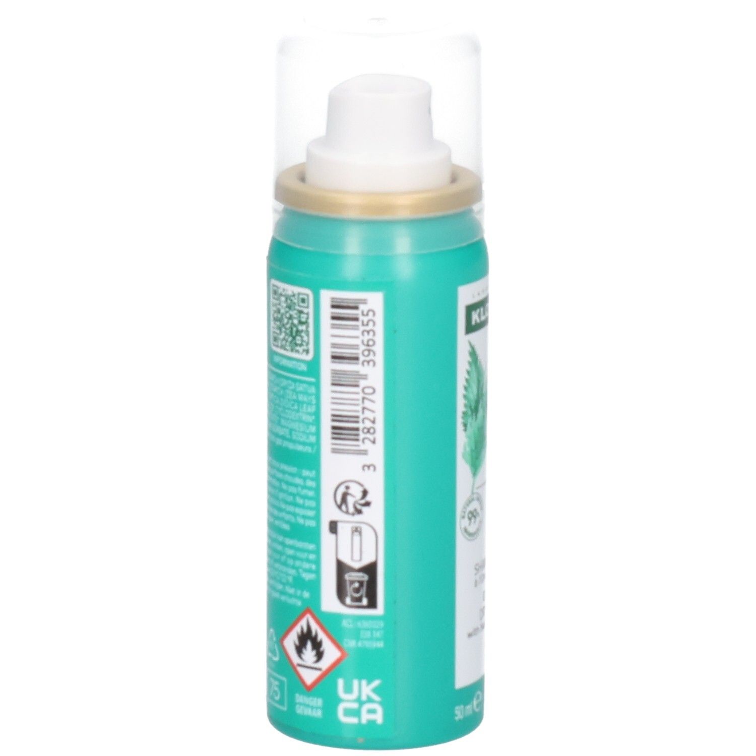 Arrière de la boîte de Klorane Shampooing Sec à l'Ortie, 50 ml.