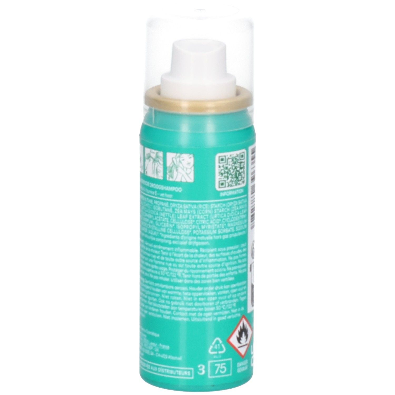 Vue latérale de la boîte de Klorane Shampooing Sec à l'Ortie, 50 ml.