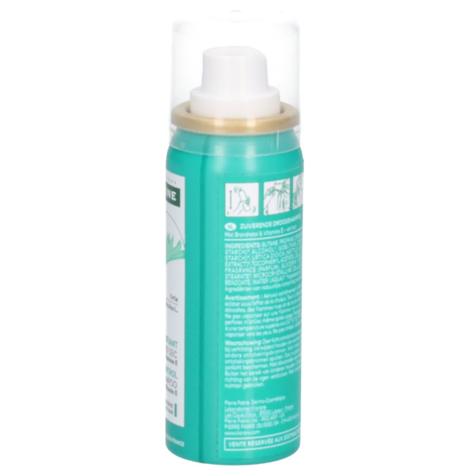 Arrière de la boîte de Klorane Shampooing Sec à l'Ortie, 50 ml.