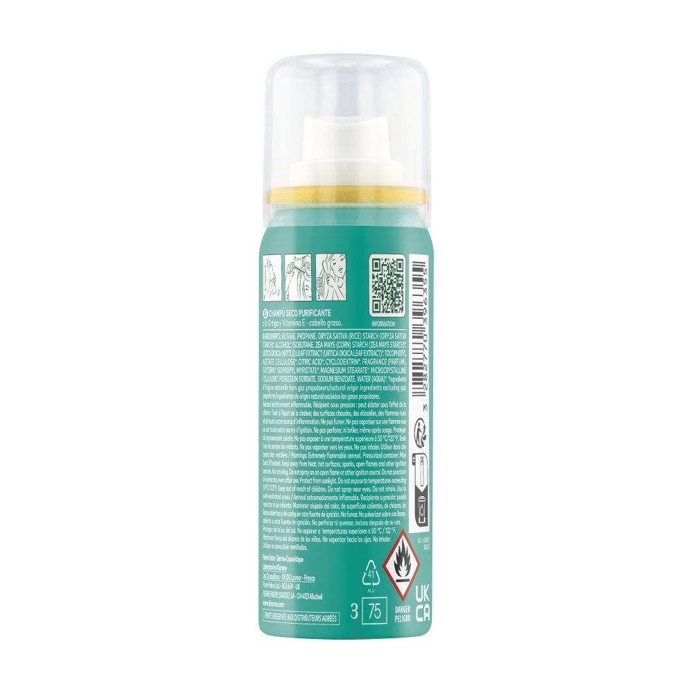 Achterkant van de Klorane Droogshampoo met brandnetel bus, 50 ml.
