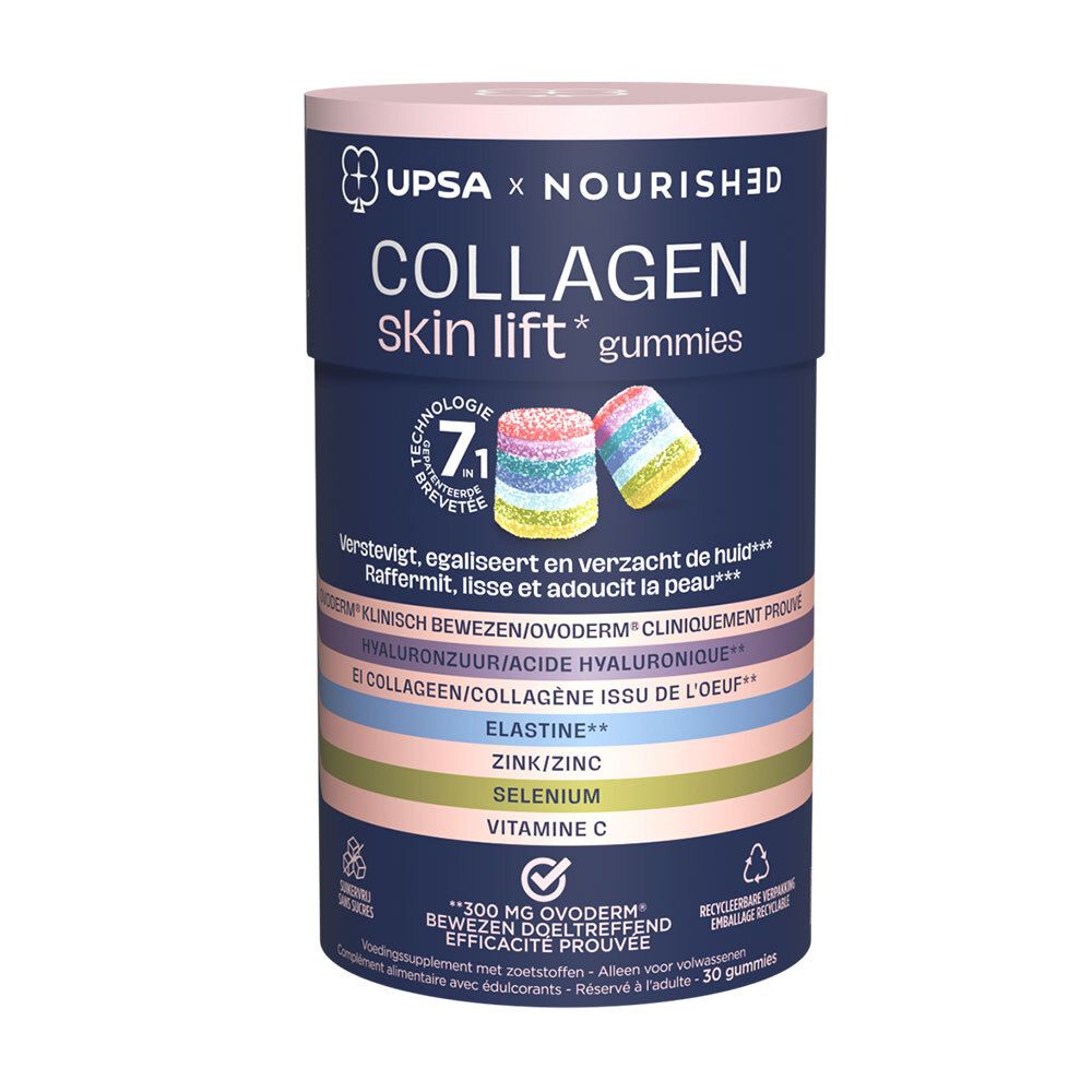 Cilindrische doos met UPSA x Nourished Collagen Skin Lift Gummies. Bevat 7 ingrediënten. Roze deksel, blauwe doos, productafbeelding.